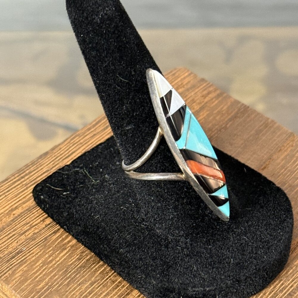 Zuni-style sterling silver inlay ring, size 7 - Picture 3 of 8
